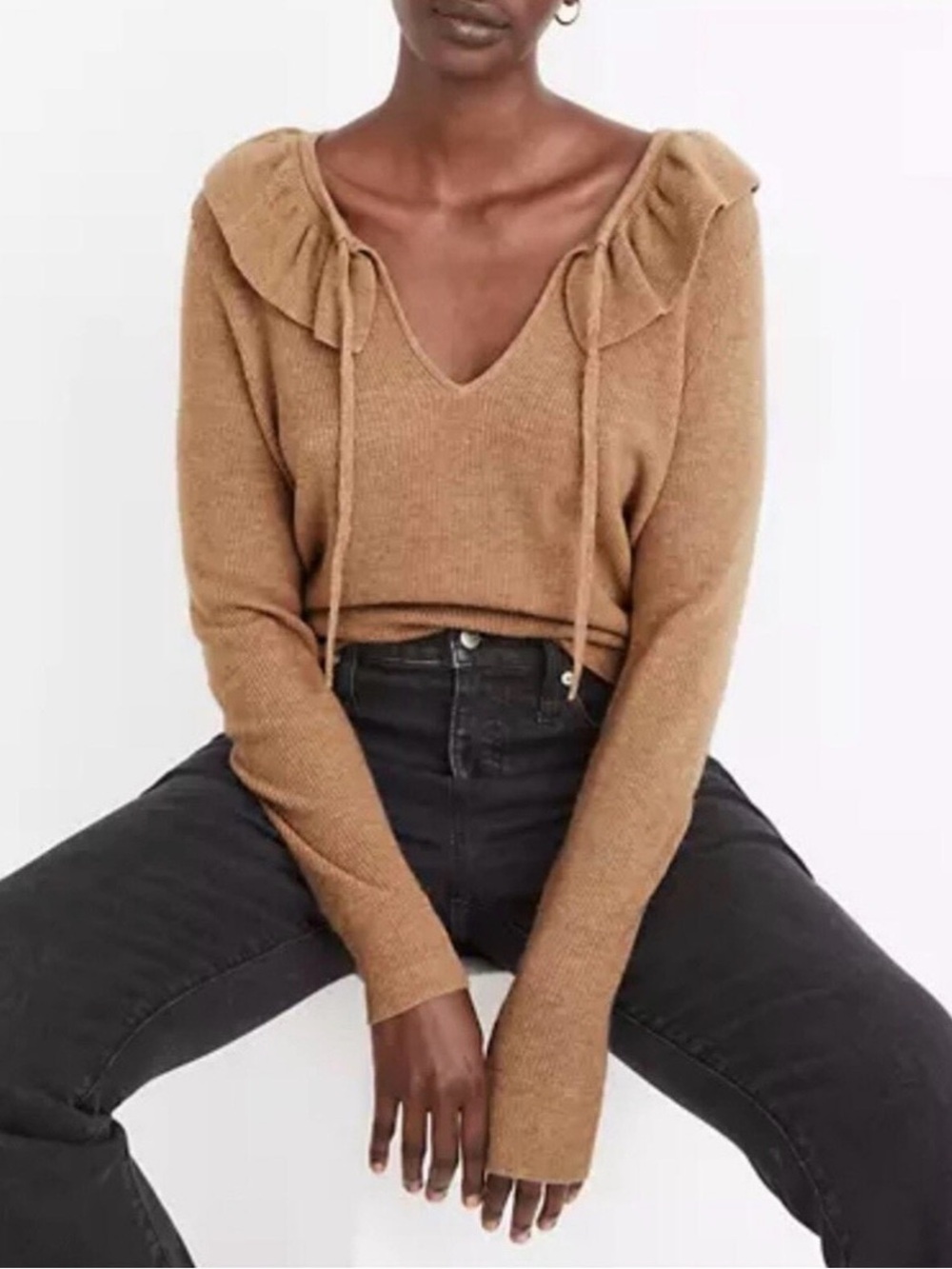 Madewell Camel Ruffle V-Neck Alpaca Merino Wool Medium Sweater Fall Coquette